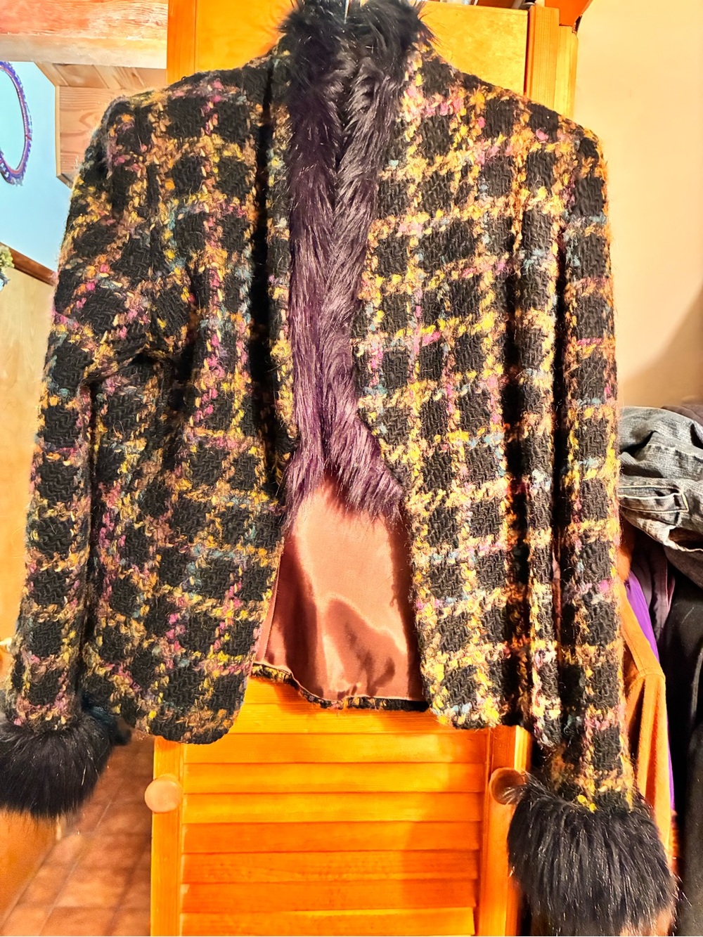 Karen Kane Black tweed Blazer with Yellow and Purple Accents faux fur